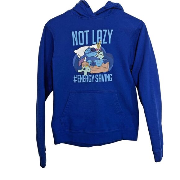 Disney Lilo & Stitch Not Lazy #Energy Saving Fleece Hooded Pullover Sweatshirt S - Picture 1 of 9